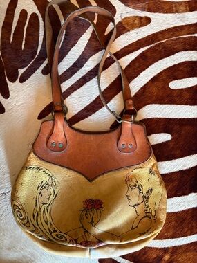 Rare Vintage 60s 70s Hand-Painted Elf Boy And Girl Two-Tone Brown Leather Bag